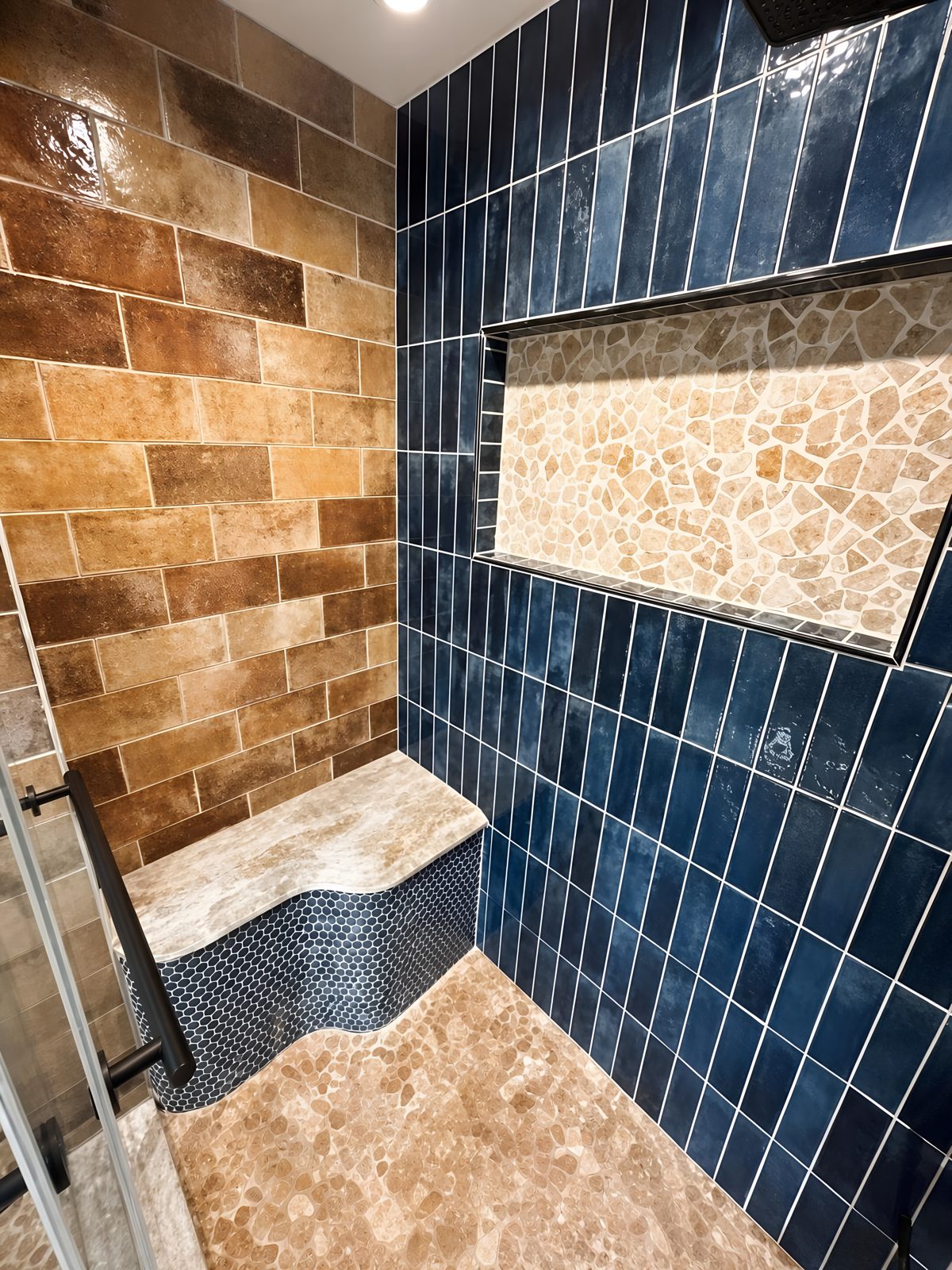 Dark accent tile wall with recessed niche in a HousePro bathroom remodel