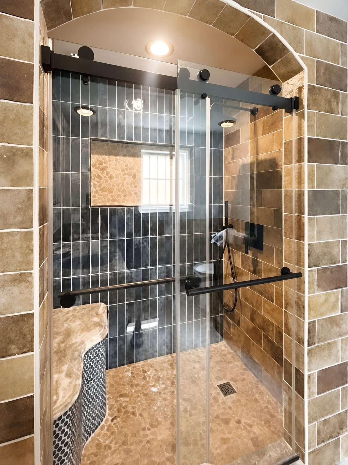 Interior of the shower showing the dark accent tile wall, recessed niche, and black fixtures