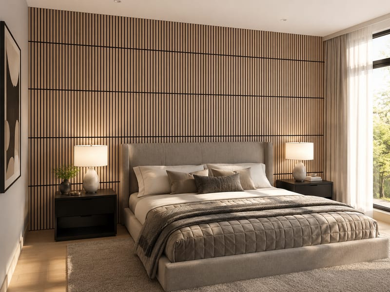 Floor-to-ceiling natural-oak slat wall behind an upholstered bed, with matching nightstands and lamps