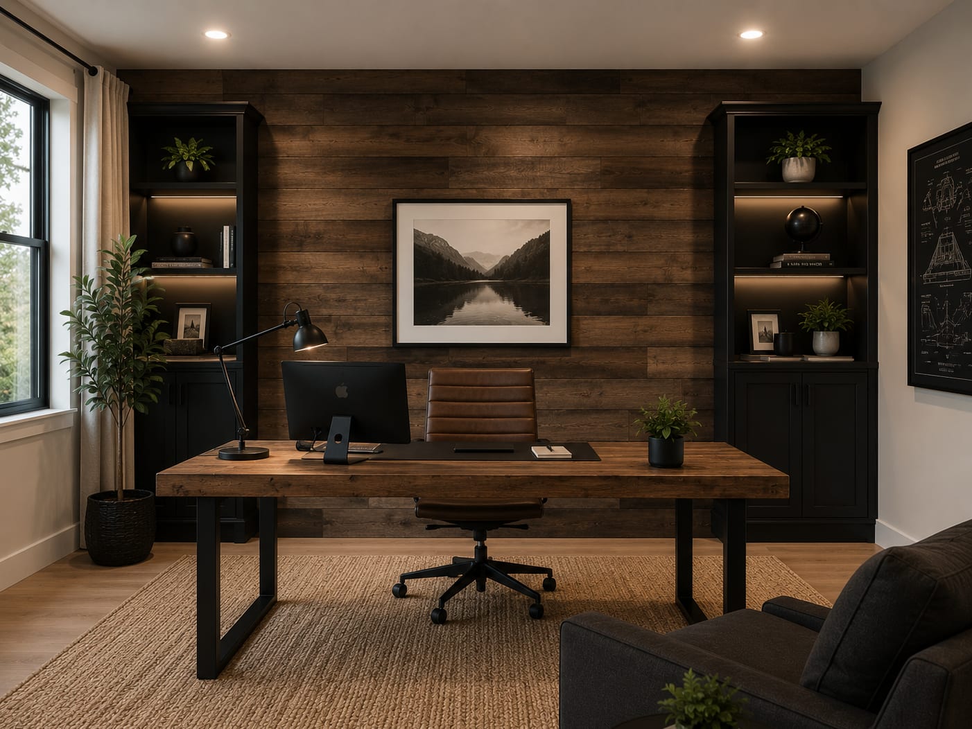 Home office featuring a reclaimed-wood plank accent wall behind the desk, framed by the same black shelving units and a centered framed photograph