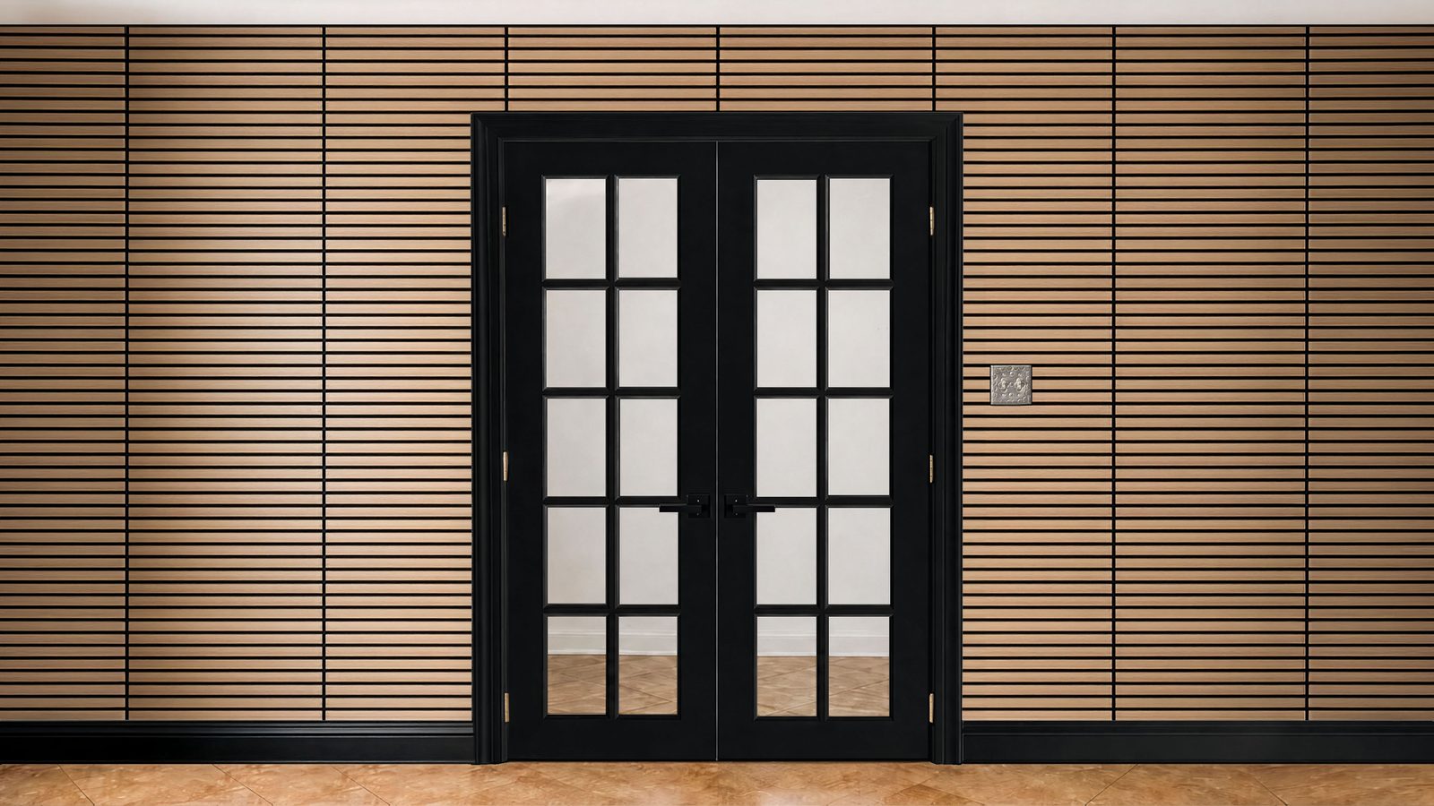 Same opening with refinished black French doors flanked by warm wood slat-wood panels
