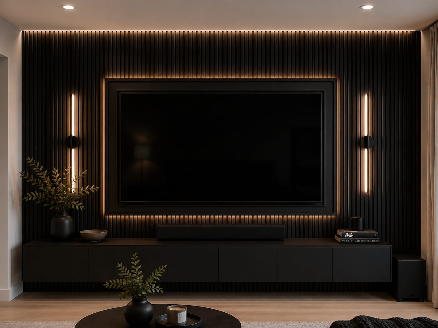 Vertical black slat-wood accent wall behind a wall-mounted television, flanked by linear LED sconces over a black floating media console