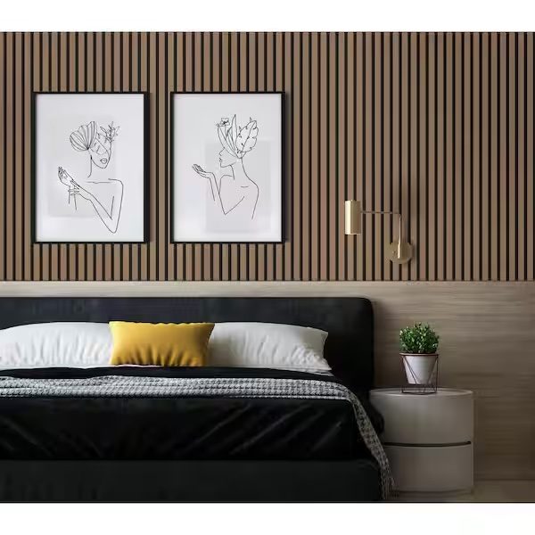 Natural oak slat-look feature wall in a bedroom, installed by HousePro
