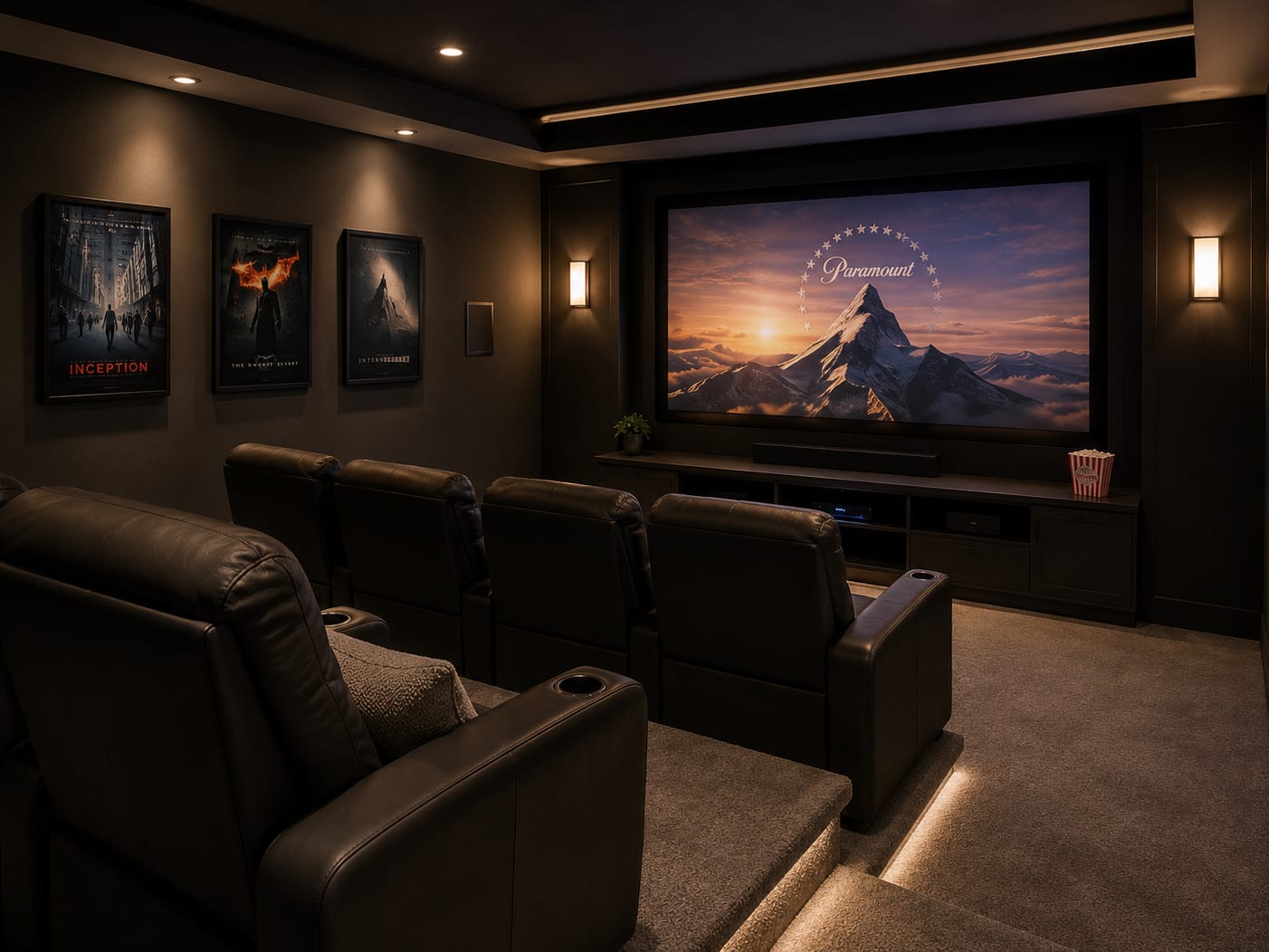 Finished basement home theater with leather power-recliner seats, a projection screen showing a movie, framed film posters, and warm sconce lighting