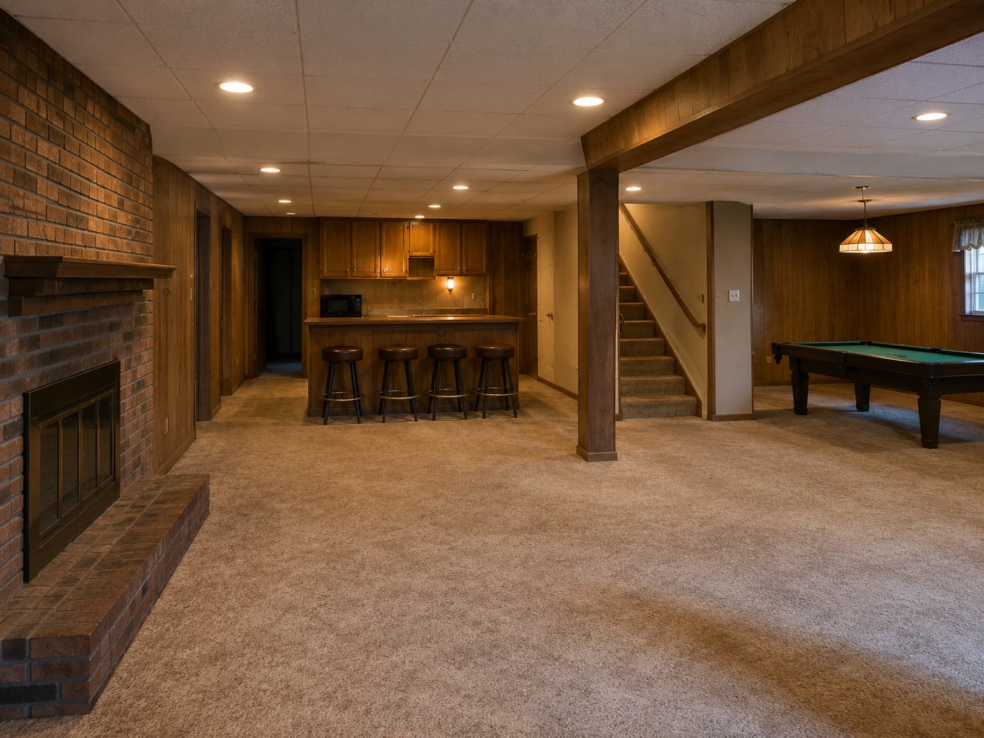 Dated basement with dark wood paneling, brick fireplace, drop ceiling, and beige carpet