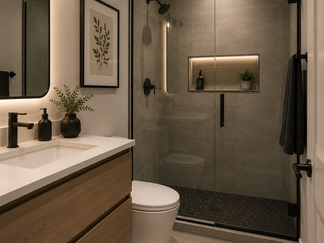 Modern spa-style bathroom with floating wood vanity, large-format gray tile walk-in shower with LED-lit niche, and matte-black fixtures