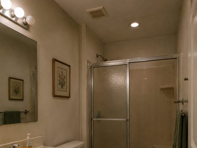 Tired bathroom with an old vanity and fixtures, before remodel
