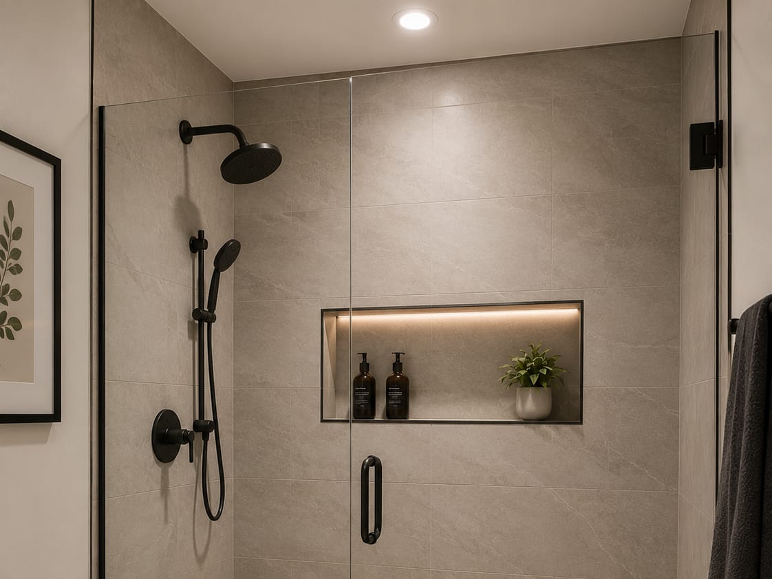 Modern walk-in shower with frameless glass, large-format gray porcelain tile, an LED-lit niche, hexagonal floor tile, matte-black fixtures, and a built-in bench