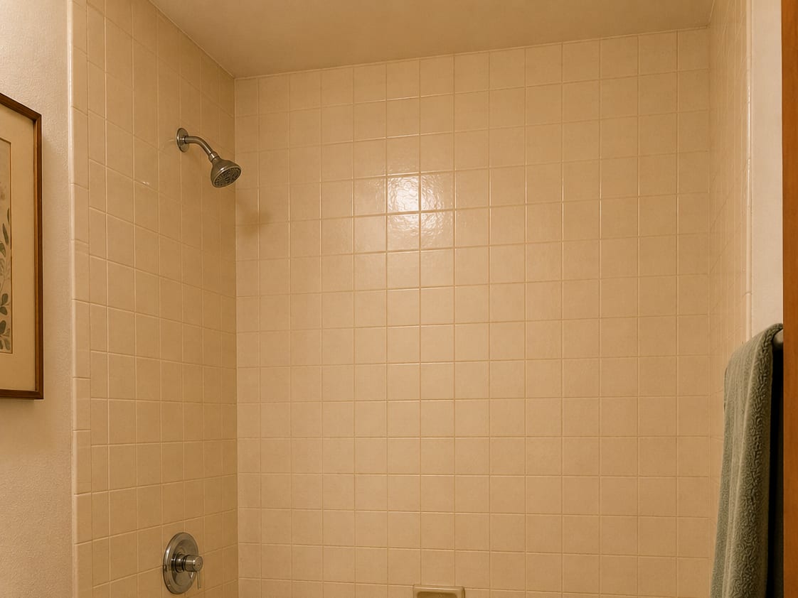 Outdated bathroom with tan tub-shower combo, beige square tile walls, and brass fixtures
