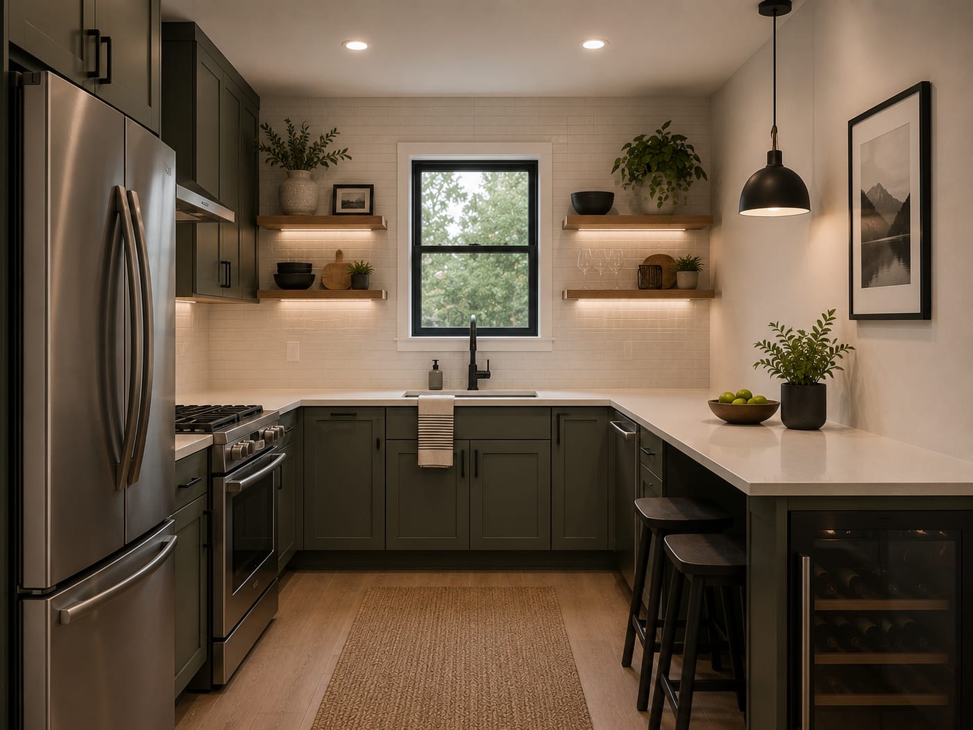 Refreshed kitchen with sage-green shaker cabinets, white quartz counters, brass pendant lights, woven rug, and a peninsula seating area