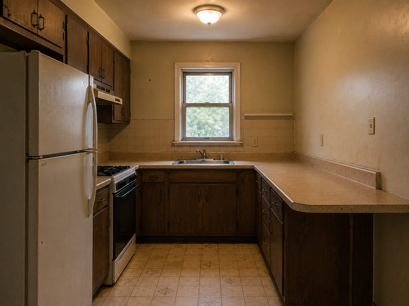 Original kitchen with dark oak cabinets, builder beige tile floor, and laminate counters under a single window