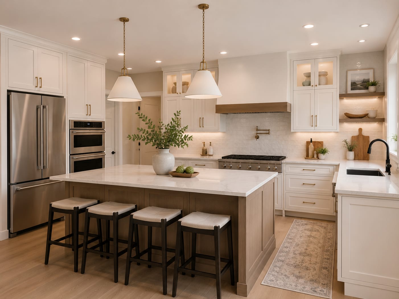 Bright modern kitchen with white shaker cabinets, quartz counters, brass pendants, and a stained-oak island — Marlton, NJ remodel by HousePro