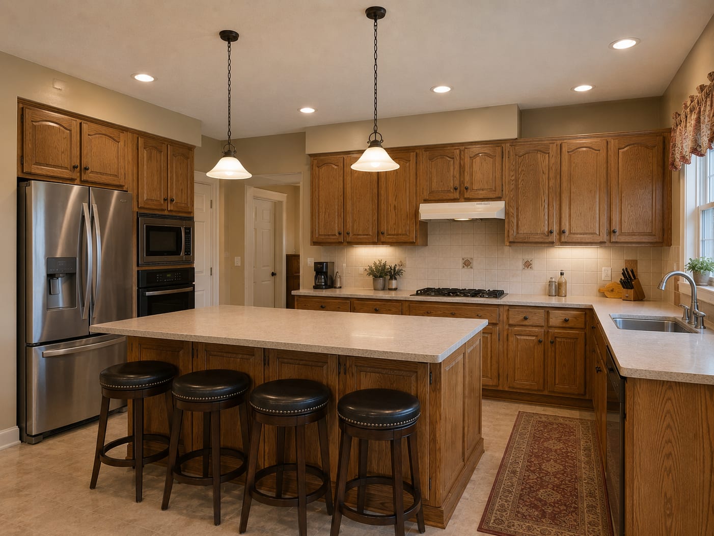 Traditional kitchen with oak cabinets, beige tile floor, and dark leather counter stools