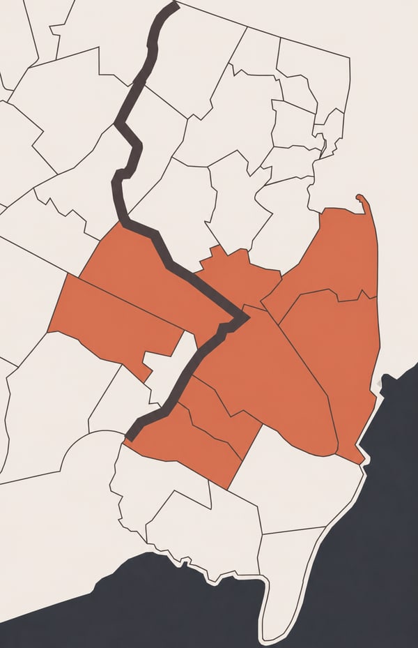 Map of southeastern Pennsylvania and central / southern New Jersey with the eight HousePro service-area counties highlighted in ember: Bucks and Montgomery in PA; Mercer, Monmouth, Burlington, Camden, Gloucester, and Ocean in NJ.