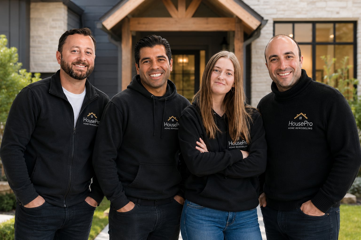 The HousePro team — Joe, Brian, Greg, and Bridgett — in branded HousePro hoodies in front of a renovated home